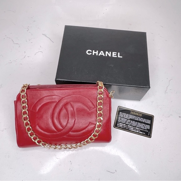 CHANEL Handbags - Authentic Chanel CC stitch embossed red calf skin evening bag